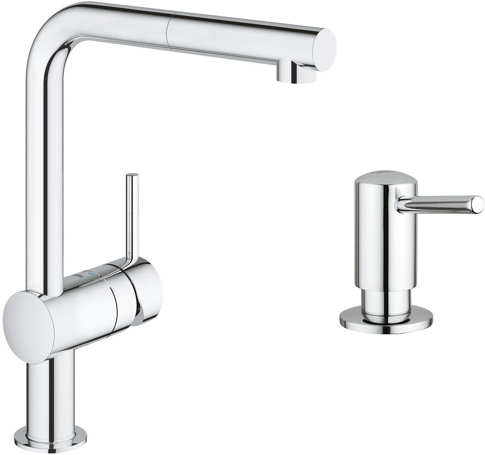 

Смеситель кухонный с выдвижным изливом GROHE Minta 32168000 + дозатор Contemporary 40536000