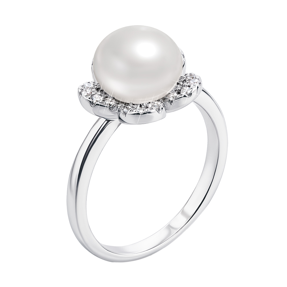 

Серебряное кольцо с жемчугом и фианитами 000118253 17.5 размера