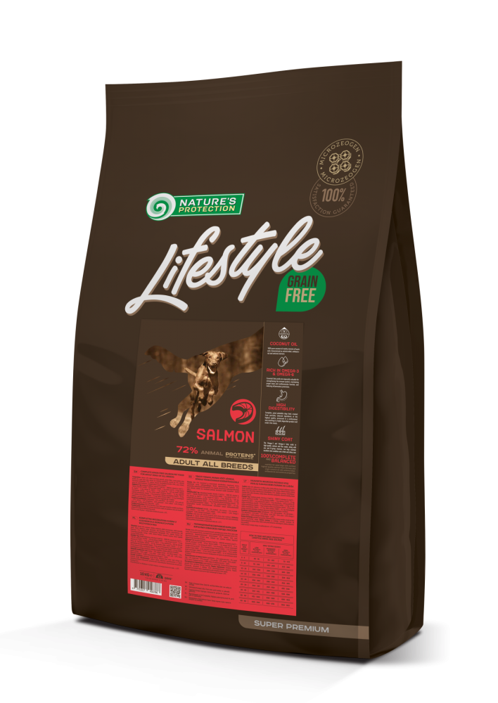 

Сухой беззерновой корм с лососем для взрослых собак всех пород Nature's Protection Lifestyle Grain Free Salmon Adult All Breeds 17кг (NPLSB46046)