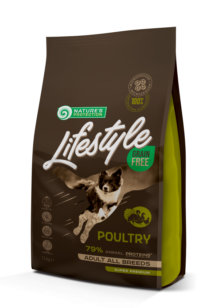 

Сухой беззерновой корм с птицей для взрослых собак всех пород Nature's Protection Lifestyle Grain Free Poultry Adult All Breeds 1.5кг (NPLS45675)