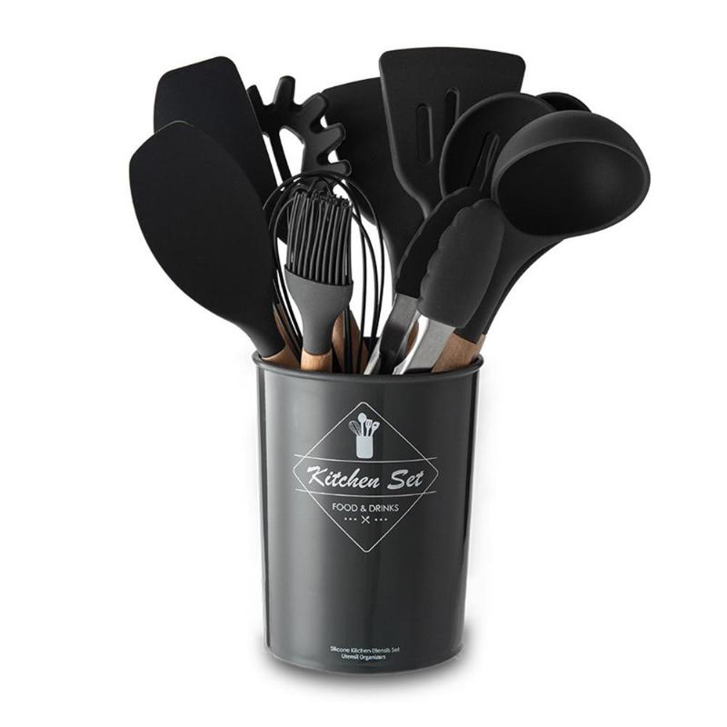 

Силиконовый кухонный набор принадлежностей Cooking Easy с ведерком для хранения 12 предметов (дерево+силикон) черный
