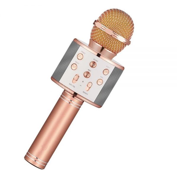 

Детский беспроводной аккумуляторный караоке микрофон Wster со стерео колонкой Bluetooth и светодиодной подсветкой динамиков Розовое золото (WS-1688)