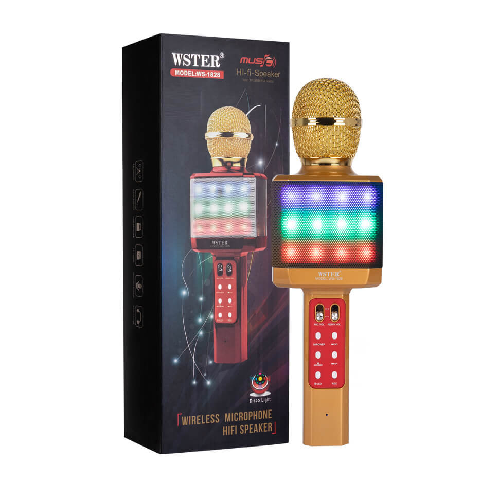 

Ручной микрофон караоке для пения, беспроводный с динамиком, блютуз (Bluetooth), FM радио и функцией записи голоса WSTER WS-1828 Gold + USB (флешка) + TF (слот для карты памяти) + AUX (для наушников или колонок) + светоэффект + функция селфи