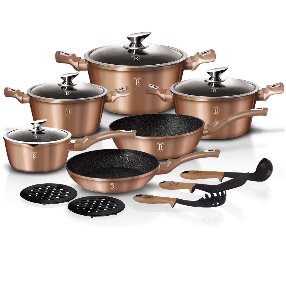 

Набор посуды Berlinger Haus Metallic Line Rose Gold Edition из кованого алюминия с мраморным покрытием 15 предметов (BH-1224N) (NP)