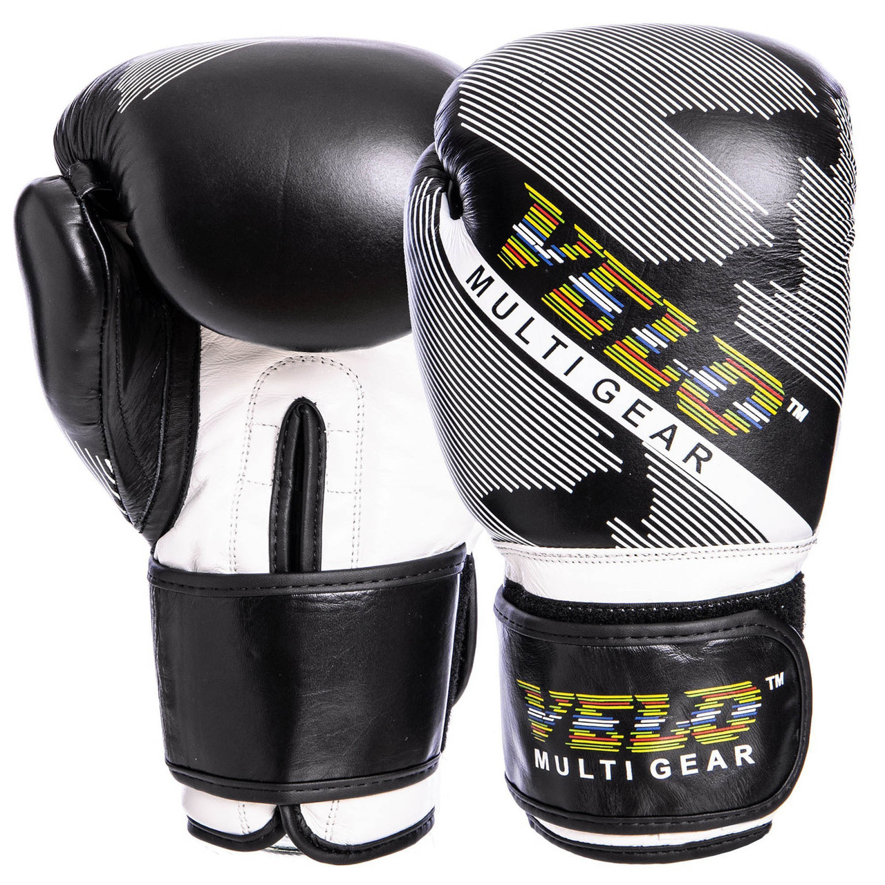 

Перчатки для бокса и единоборств кожаные VELO Champ VL-2229 Black-White-Yellow 14 унций