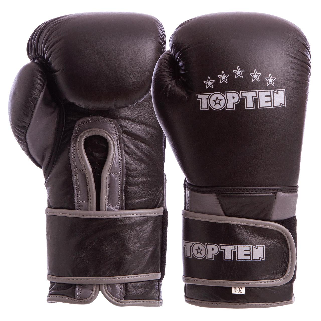 

Перчатки для бокса и единоборств TOP TEN Champ кожаные 6756 Black-Grey 10 унций