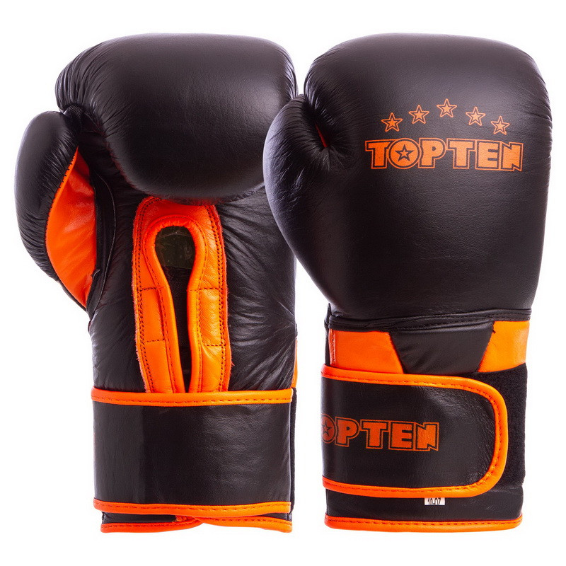 

Перчатки для бокса и единоборств TOP TEN Champ кожаные 6756 Black-Orange 10 унций