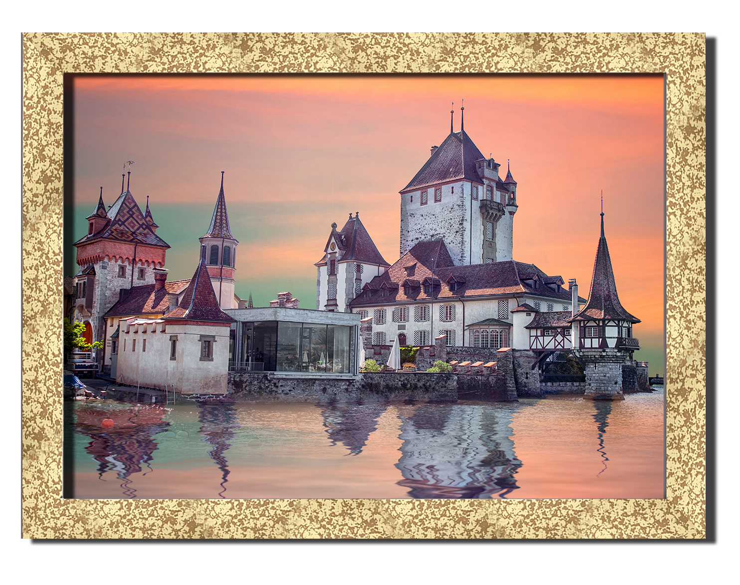 

Golden frame картина на файн-арт бумаге замок на воде природа пейзаж ландшафт Hotel Arizona HD 31 см x 41 см