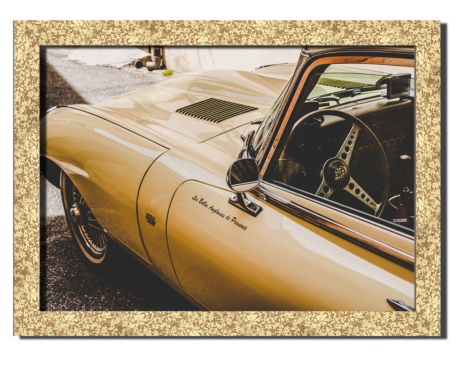 

Golden frame картина на файн-арт бумаге Jaguar e-type старинные ретро винтажные авто Hotel Arizona HD 31 см x 41 см