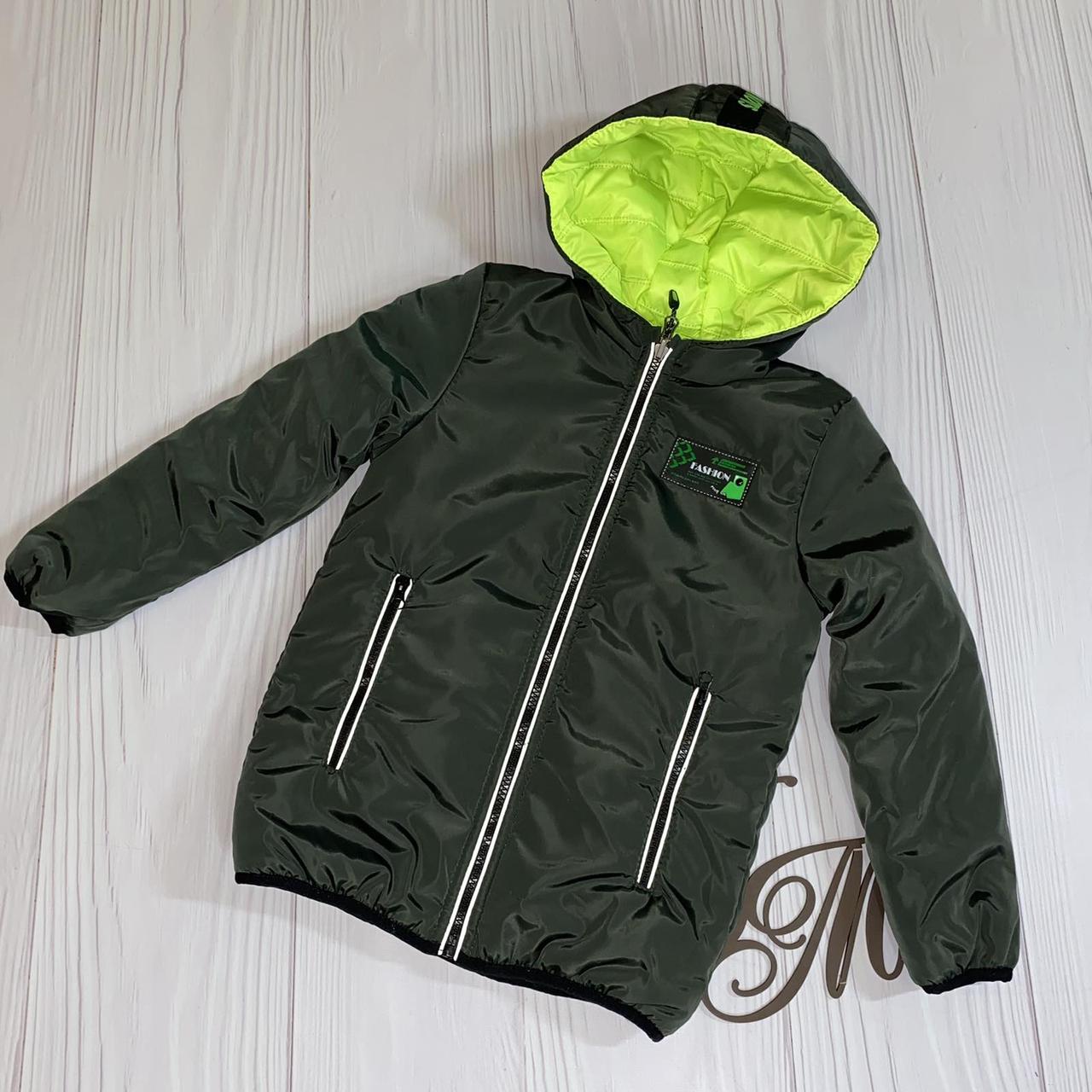 

Куртка для мальчика подростка деми «Алан» двухсторонняя хаки с салатовым 152