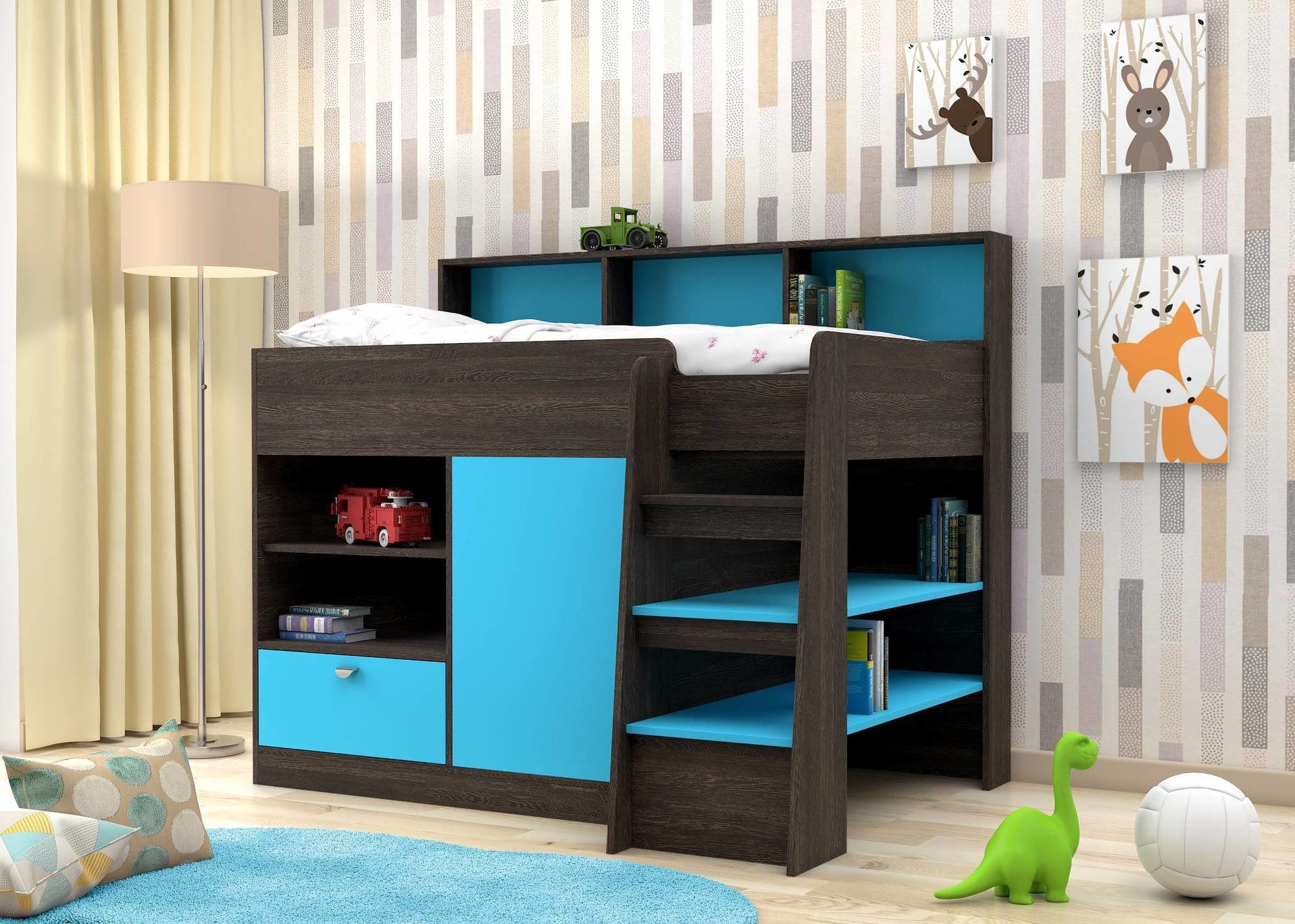 

Низкая кровать - чердак KidsBunkBed K-002 венге темный морская волна 1260х1246х1669 мм