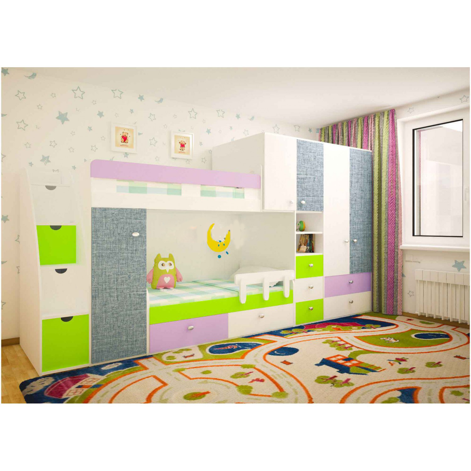 

Детская комната для двоих детей KidsBunkBed D-055 терра голубая, лаванда, лайм, белый 3380х2220х850 мм