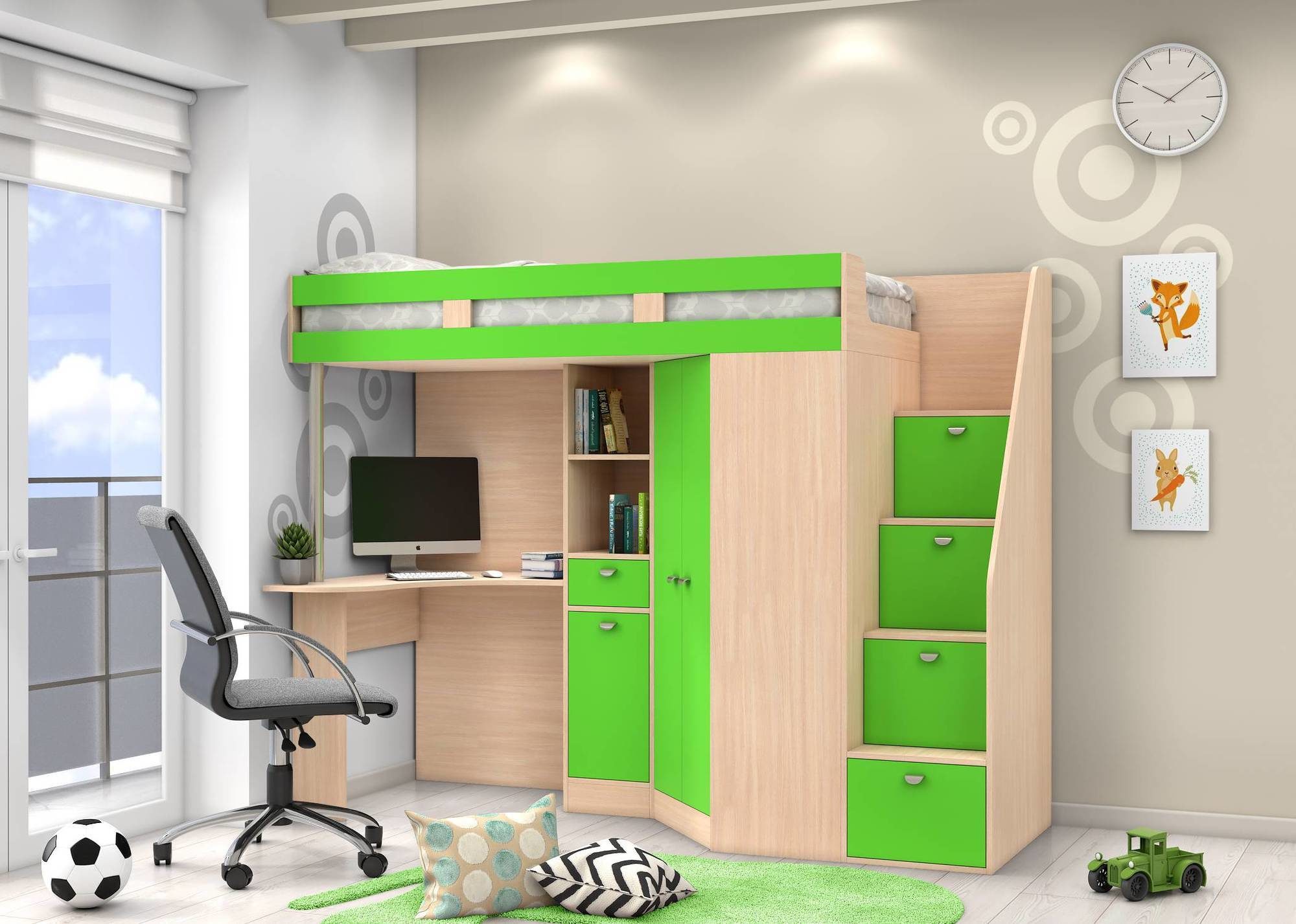 

Кровать-чердак с рабочей зоной KidsBunkBed K-010 венге светлый лайм 842 × 1809 × 2384 мм