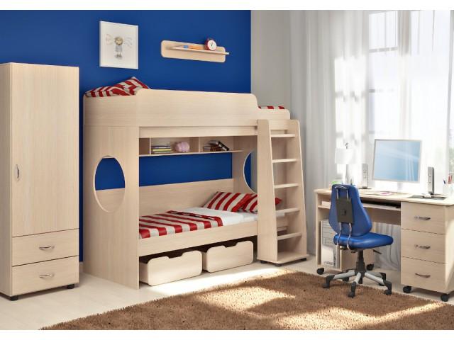 

Детская комната для двоих детей KidsBunkBed Д07 дуб молочный 2552х1146х1852 мм