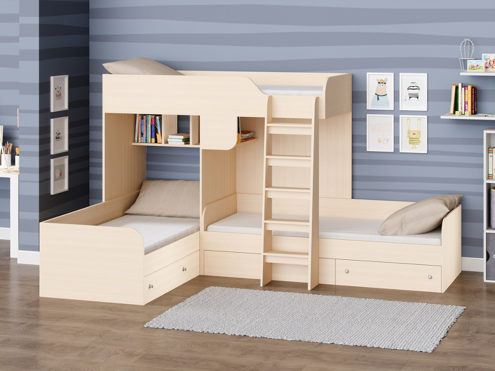 

Трёхъярусная кровать KidsBunkBed K-080 дуб молочный 281.5х194.2х169 см
