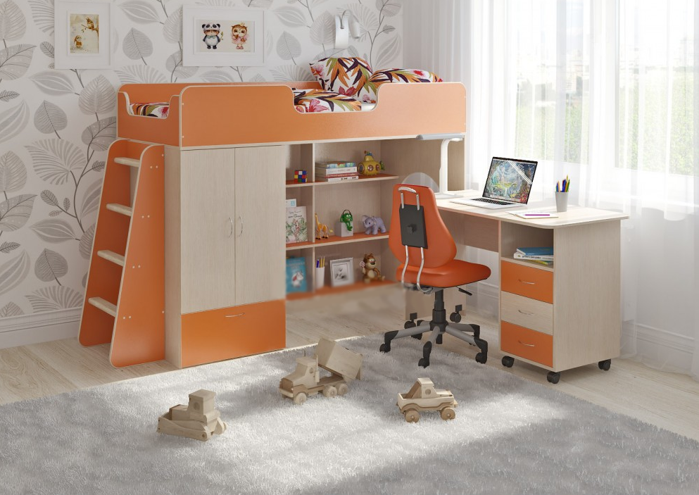 

Кровать-чердак KidsBunkBed K-040 дуб молочный апельсин 2128 × 834 × 1395 мм
