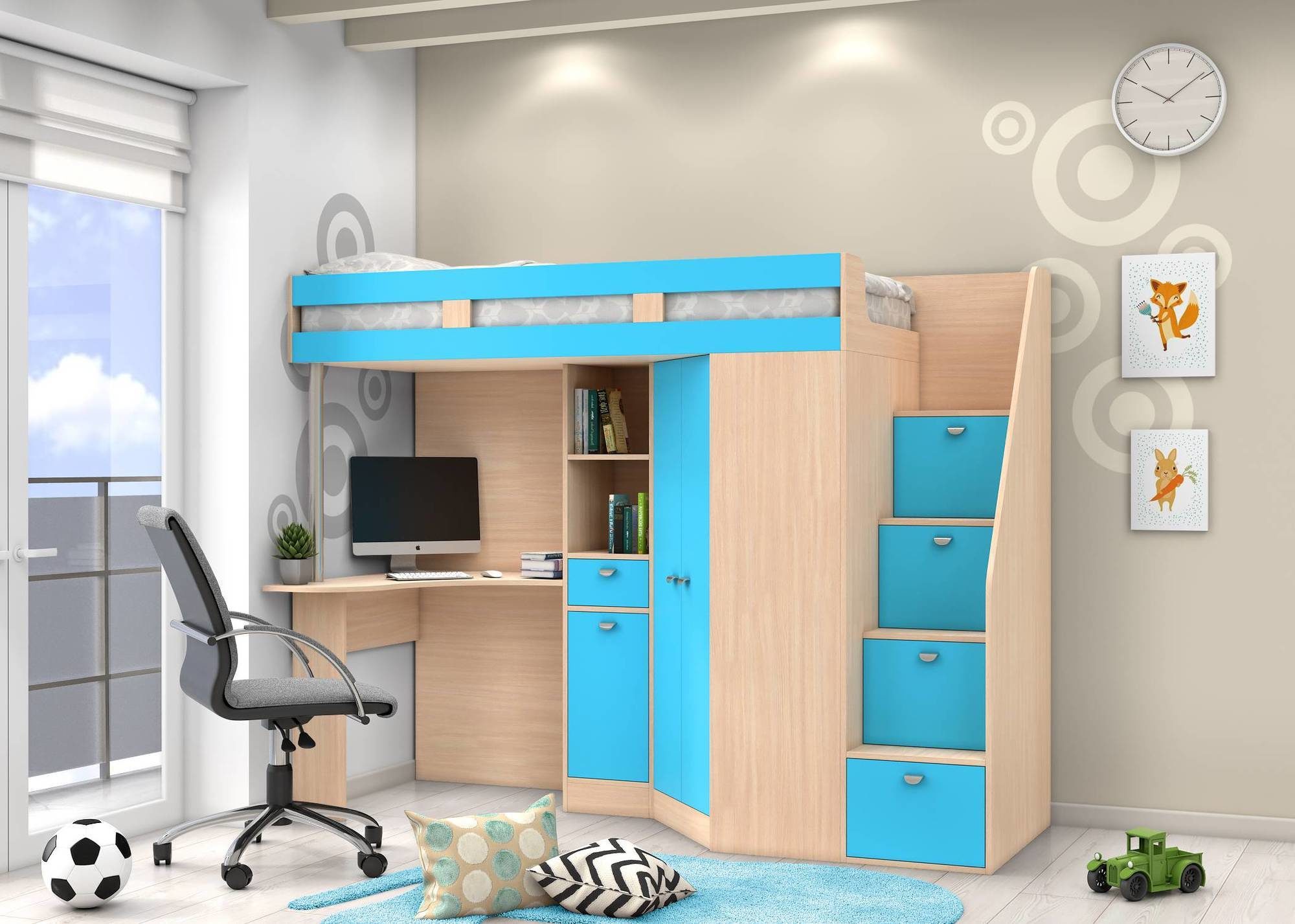 

Кровать-чердак с рабочей зоной KidsBunkBed K-010 венге светлый морская волна 842 × 1809 × 2384 мм