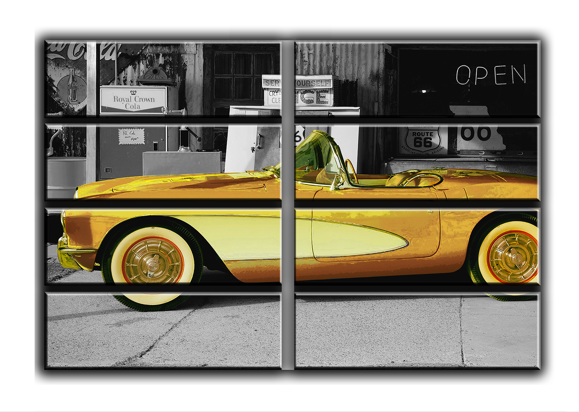 

Модульная картина на холсте из 8 больших частей Chevrolet Corvette 1959 Шоссе Route 66 Hotel Arizona HD 178 см x 254 см