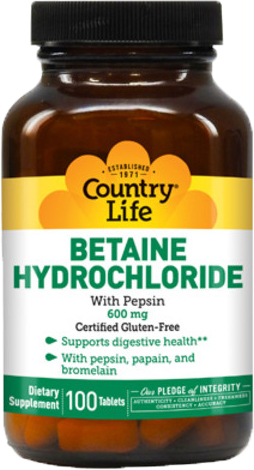 

Натуральный комплекс Country Life Бетаина Гидрохлорид с Пепсином (Betaine Hydrochloride) 600 мг 100 таблеток (015794051015)