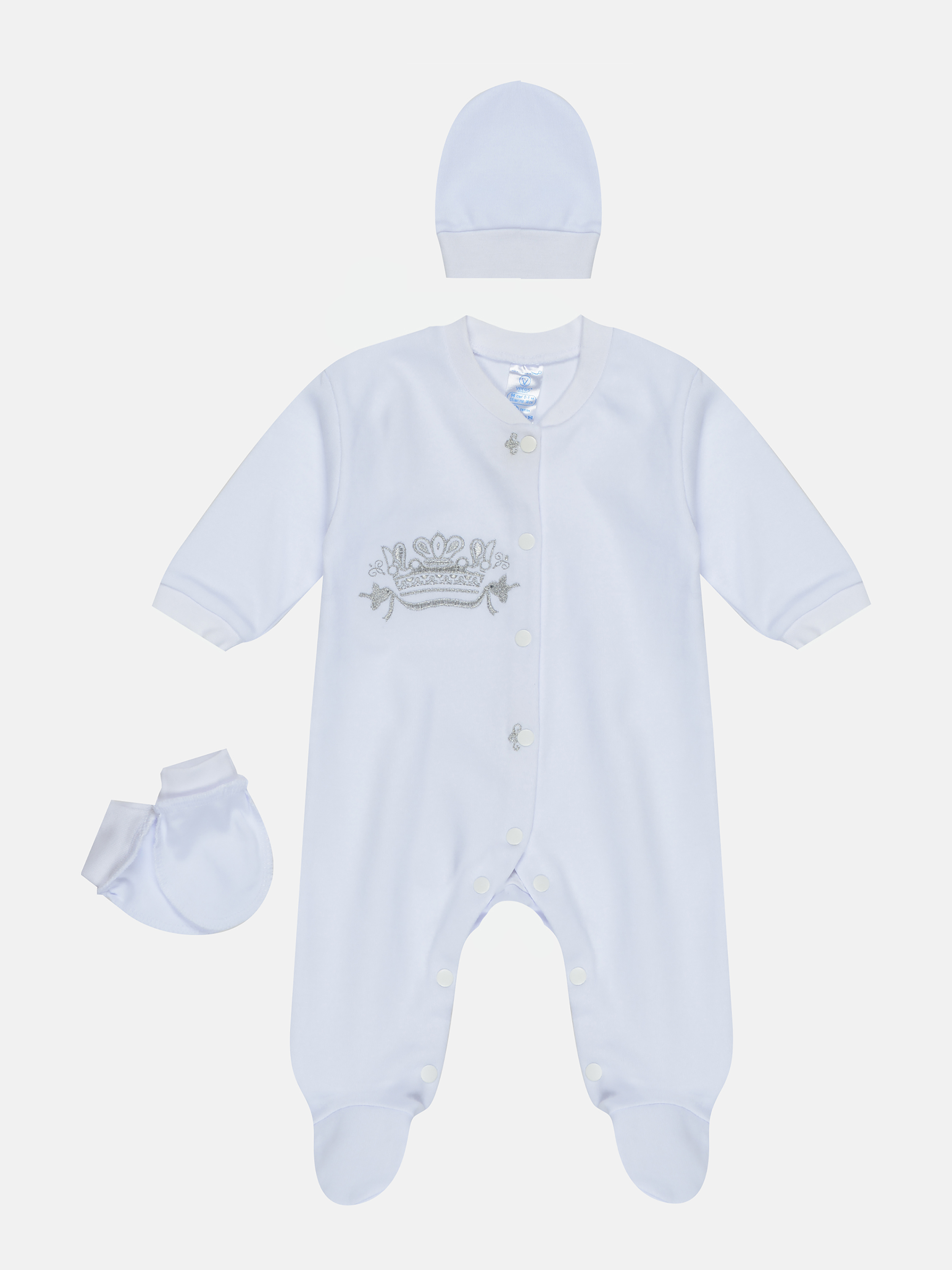

Комплект (шапочка + царапки + человечек) Baby Veres Corona white 110-3.52-11 56 см Белый
