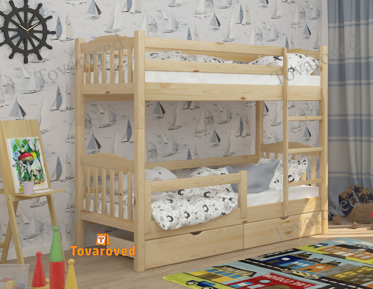

Двухъярусная кровать с Ящиками 80х190 и бортиком защитным внизу Wellmebely Бай-Бай Трансформер сосна Бук Л6