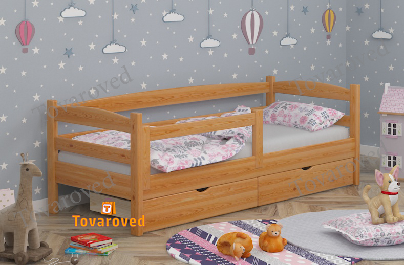 

Кровать детская односпальная с Ящиками 80х190 и бортиком защитным внизу Wellmebely Нота Плюс сосна Ольха Л6