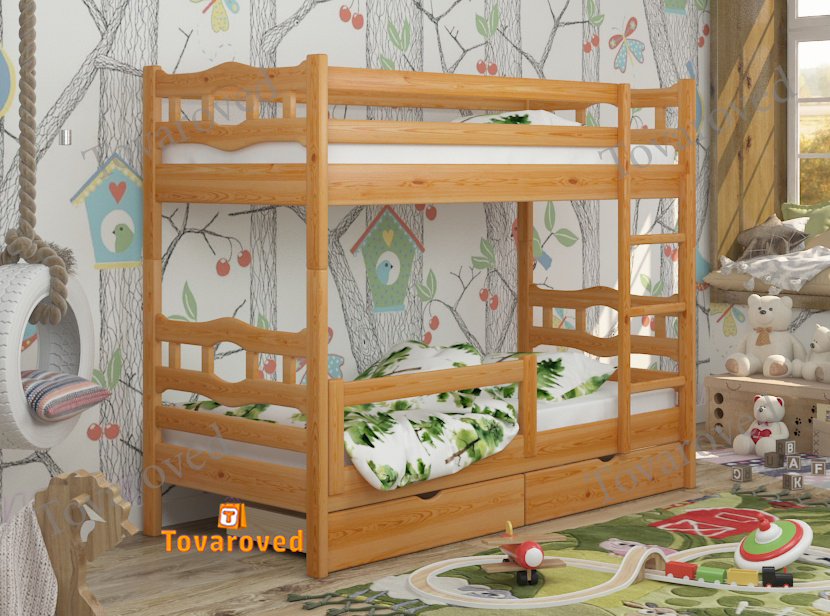 

Двухъярусная кровать с Ящиками 90х190 и бортиком защитным внизу Wellmebely Робин Трансформер сосна Ольха Л6