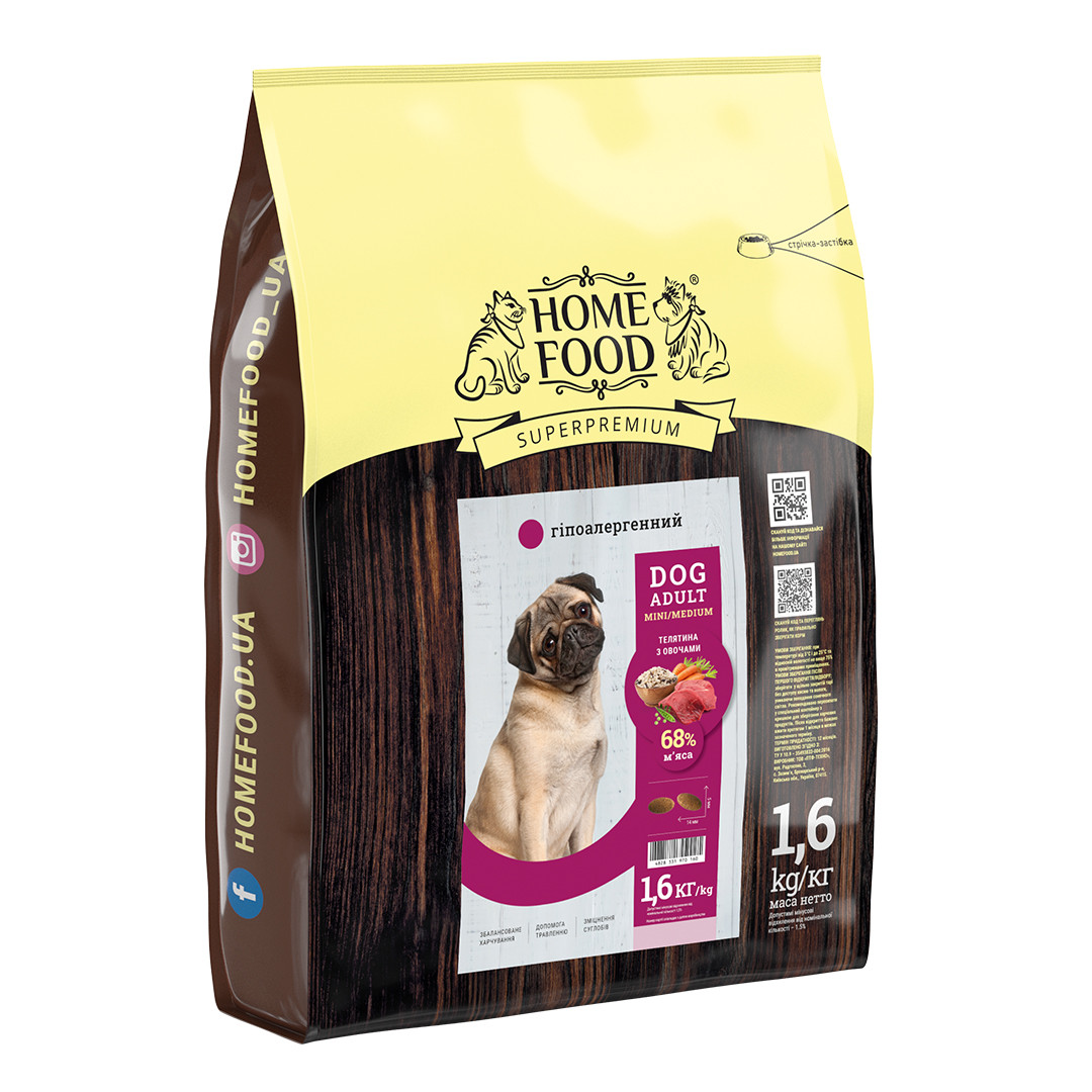 

Сухой корм Home food (Хоум фуд) DOG ADULT MINI/MEDIUM для собак малых и средних пород гипоаллергенный, 1,6 кг