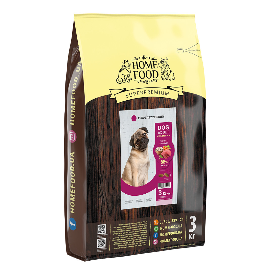 

Сухой корм Home food (Хоум фуд) DOG ADULT MINI/MEDIUM для собак малых и средних пород гипоаллергенный, 3 кг