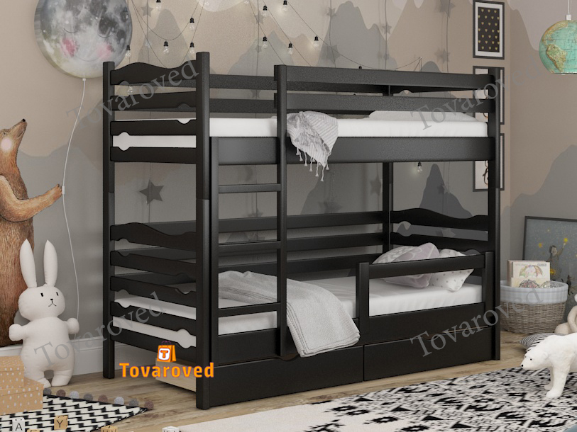 

Двухъярусная кровать с Ящиками 80х190 и бортиком защитным внизу Wellmebely Эрика Трансформер сосна Венге Л6