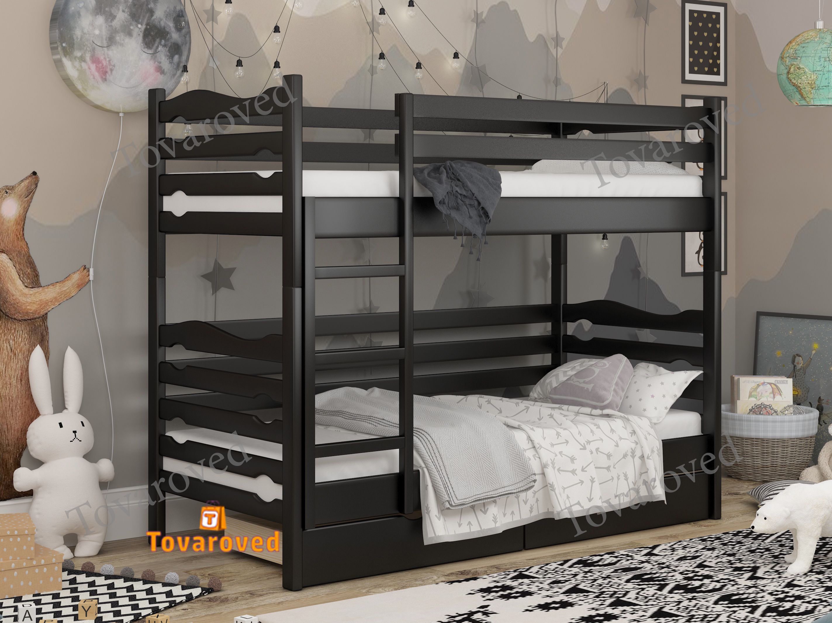 

Двухъярусная кровать с Ящиками 80х190 Wellmebely Эрика Трансформер сосна Венге Л6