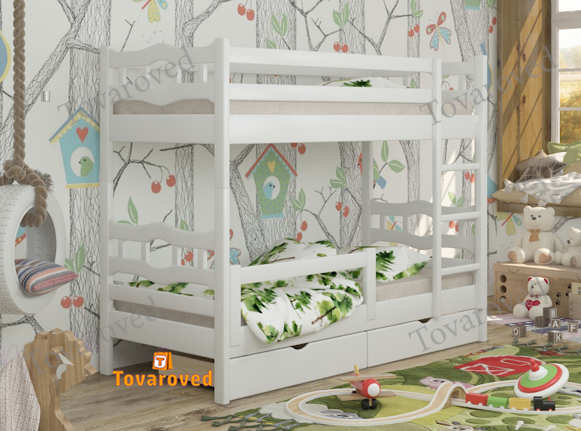 

Двухъярусная кровать с Ящиками 90х190 и бортиком защитным внизу Wellmebely Робин Трансформер сосна Белый Л6