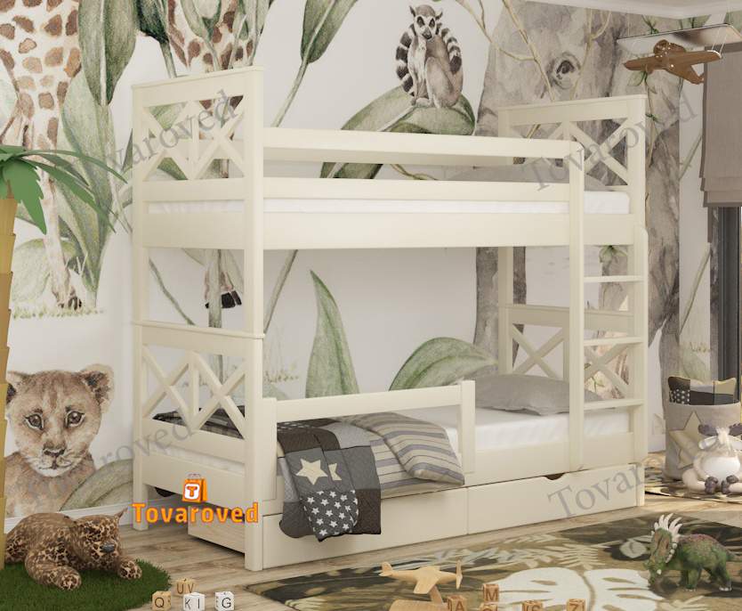 

Двухъярусная кровать с Ящиками 90х190 и бортиком защитным внизу Wellmebely Маугли Трансформер сосна Бежевый Л6