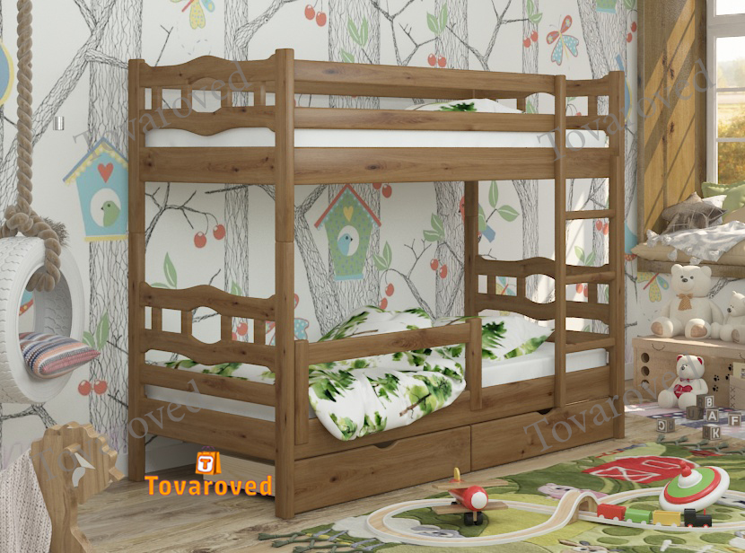 

Двухъярусная кровать с Ящиками 90х190 и бортиком защитным внизу Wellmebely Робин Трансформер сосна Орех Светлый Л6