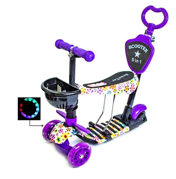 

Самокат с родительской ручкой Scooter. 5 в 1 с рисунком Фиолетовый Цветочек.