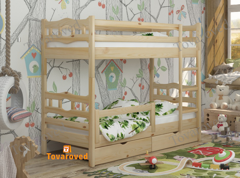

Двухъярусная кровать с Ящиками 90х200 и бортиком защитным внизу Wellmebely Робин Трансформер сосна Бук Л6