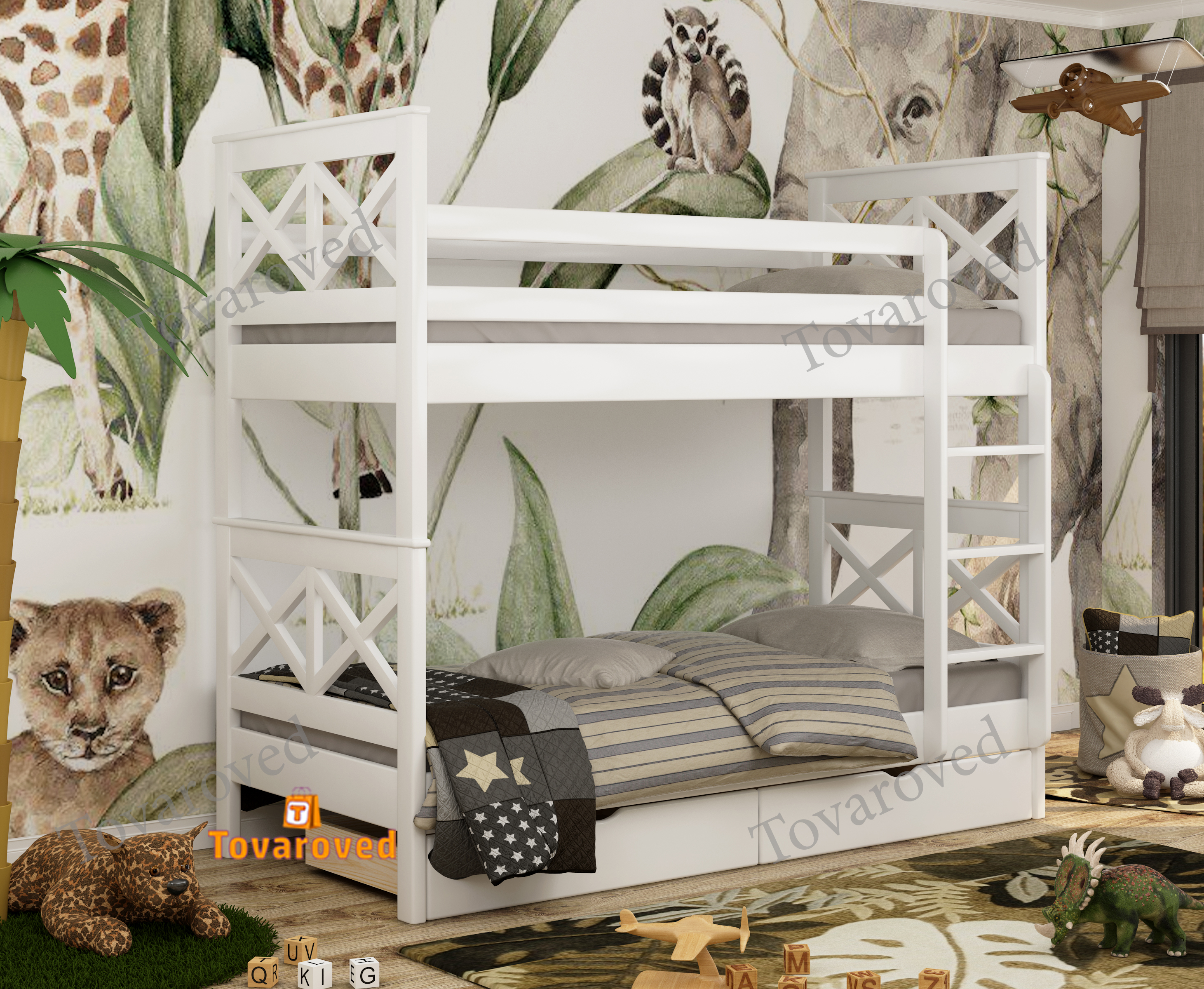 

Двухъярусная кровать с Ящиками 90х200 Wellmebely Маугли Трансформер сосна Белый Л6