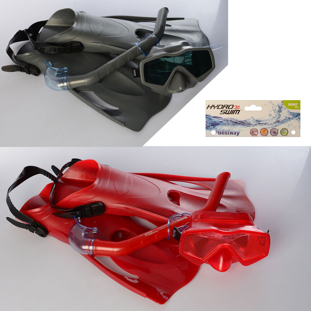 

BW Набор для плавания 25031 (8шт) маска(рег.ремеш),трубка,ласты(разм.41-46),2цв,от14л,кул,19-55-10см