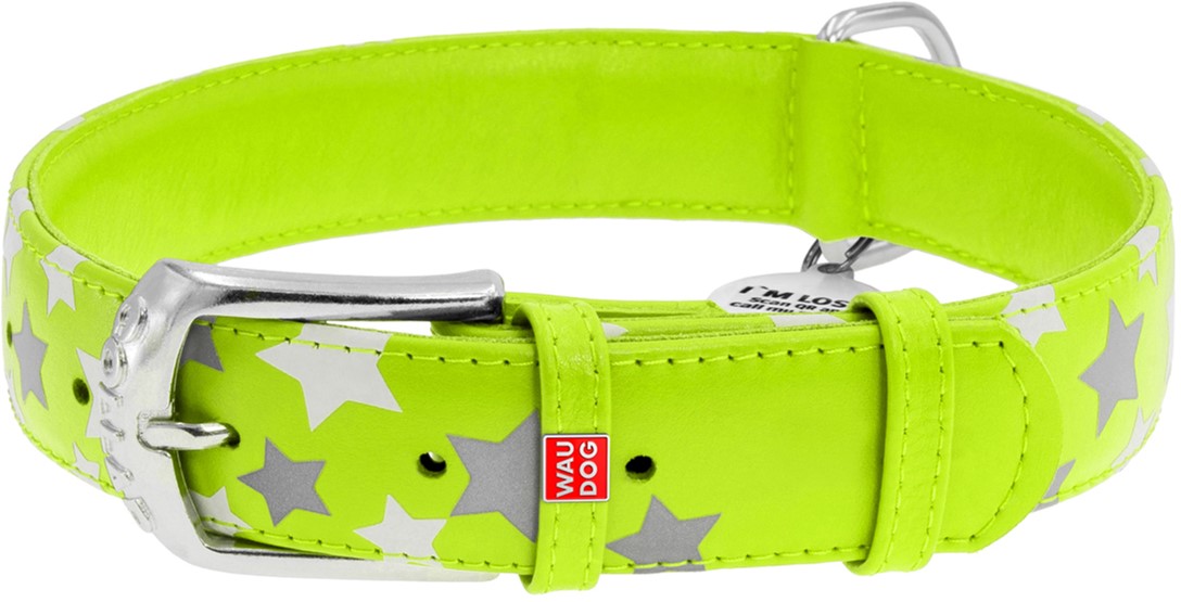 

Ошейник для собак кожаный Collar WAUDOG Glamour с QR паспортом, узор "Звёздочка", светящийся/светоотражающий, L, Ш 35 мм, Дл 46-60 см (35885)
