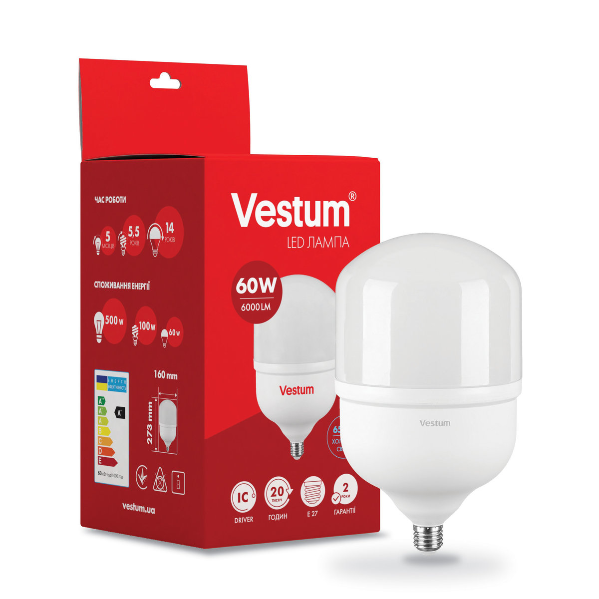 

Лампа LED высокомощная T160 60W 6500K 220V E27 ТМ Vestum