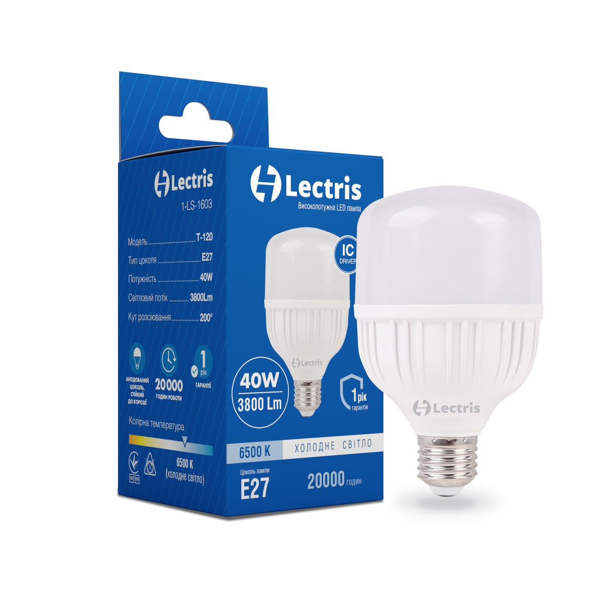 

Светодиодная высокомощная лампа Lectris T120 40W 6500K 220V E27 1-LC-1603