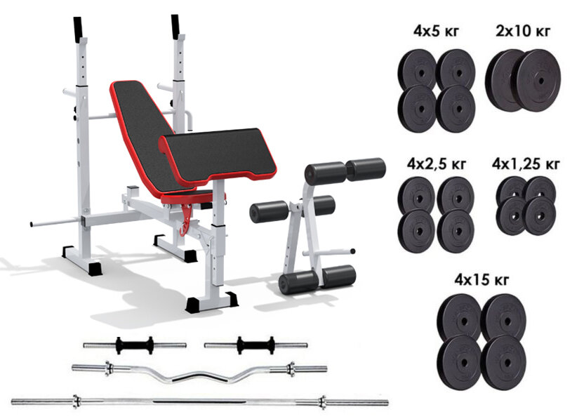 

Скамья для жима RN-Sport + штанга + 4 грифа + 115 кг блинов композитных (Rn 0152-01)