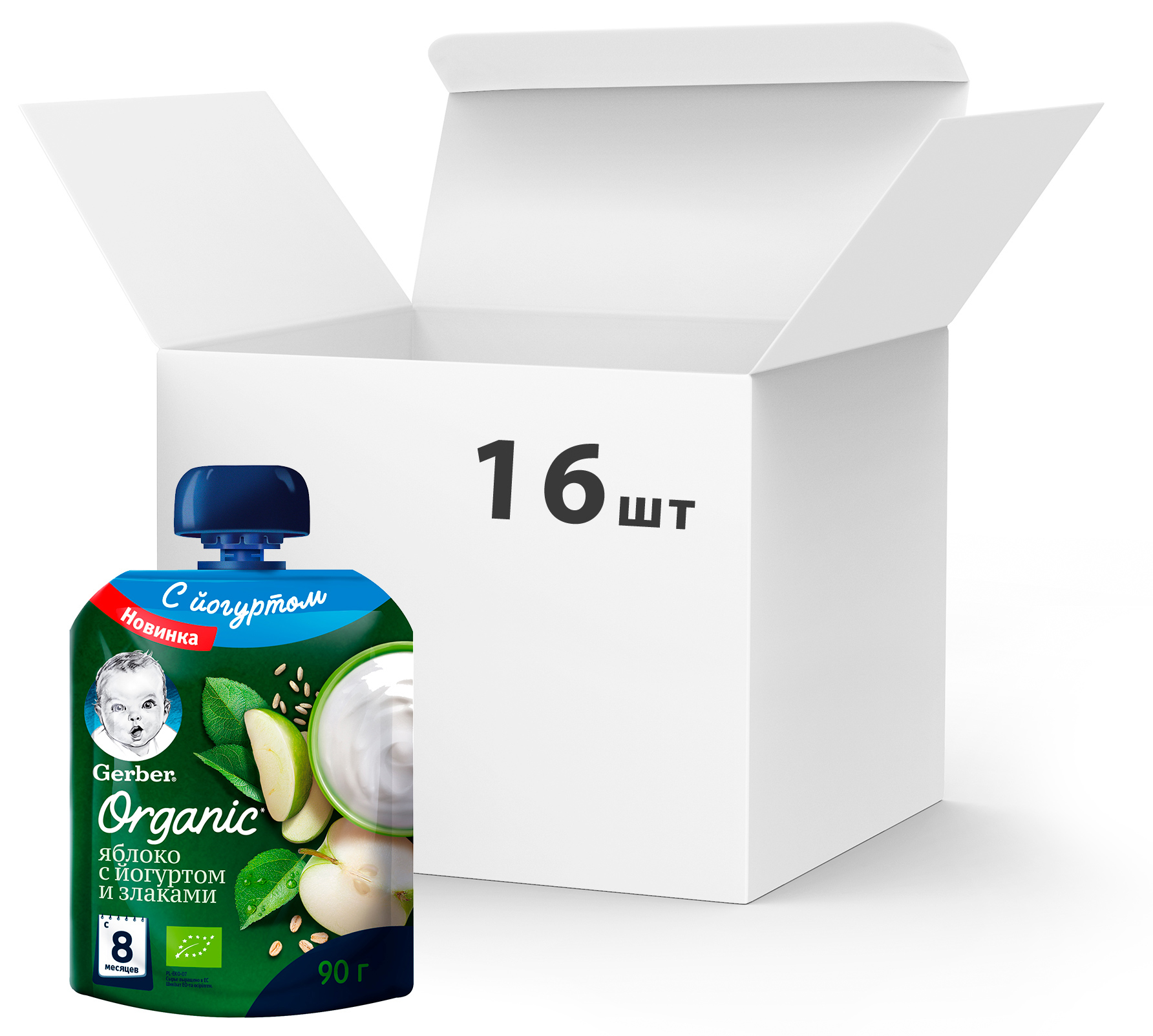 

Упаковка пюре фруктово-йогуртного Gerber Organic Яблоко со злаками с 8 месяцев 90 г х 16 шт (7613036712026)