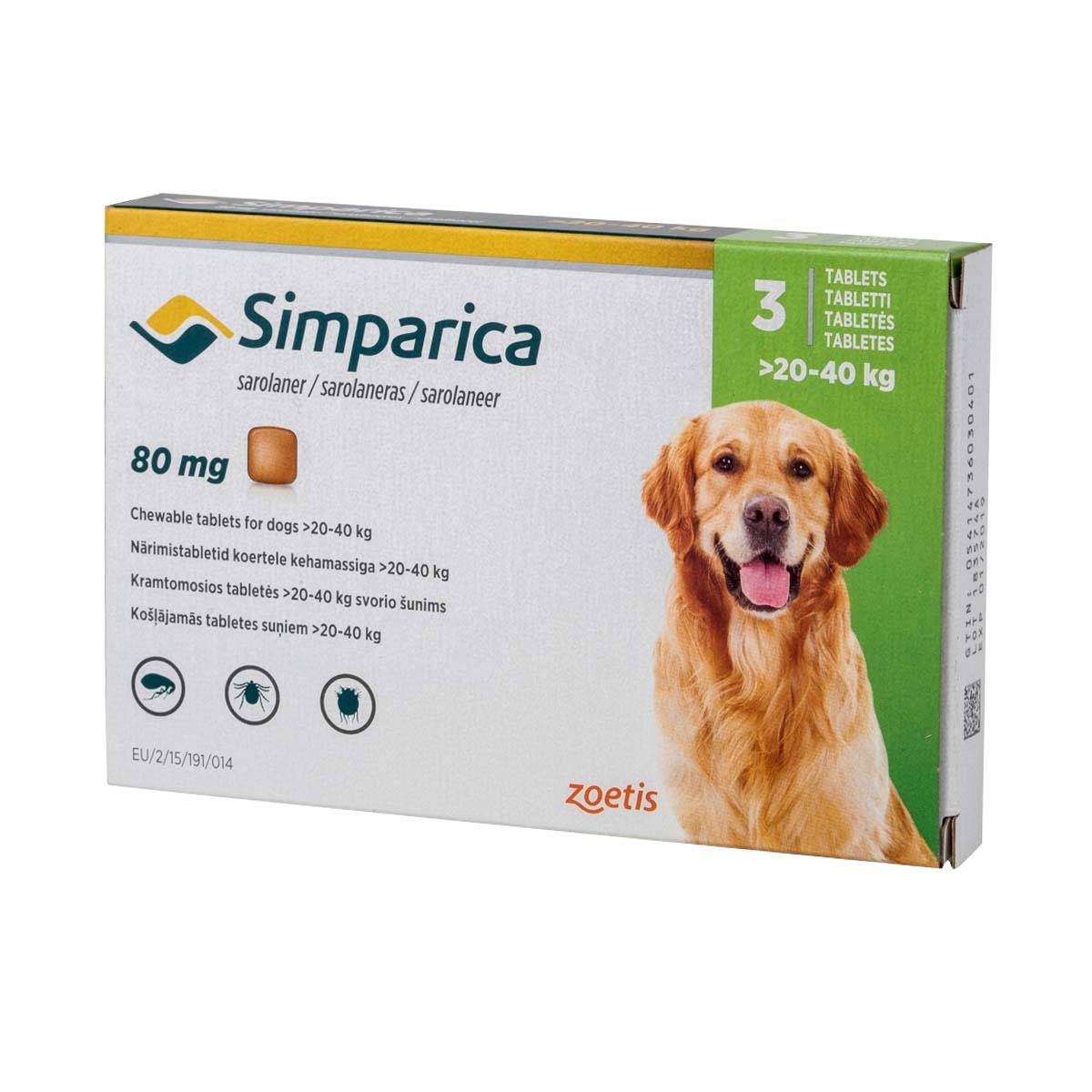 

Жевательные таблетки Simparica Симпарика от блох и клещей для собак весом 20-40 кг 3 шт