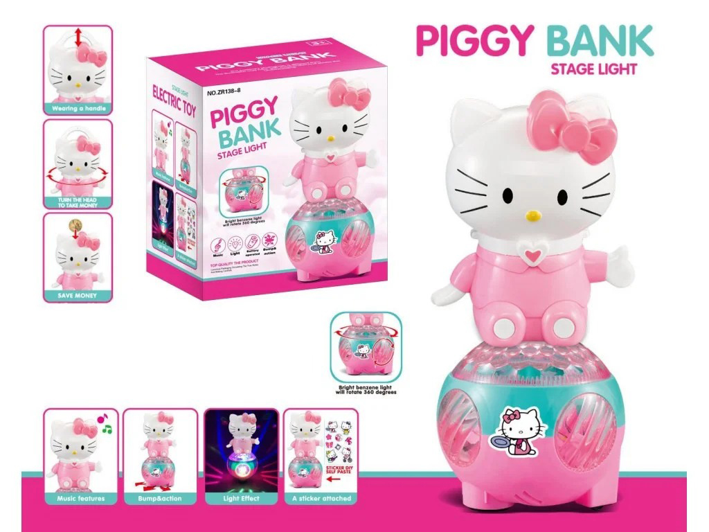 

Копилка светящаяся музыкальная Piggy Bank детский сейф в форме кошечки Хеллоу Китти с наклейками Розовая (ZR138-8)