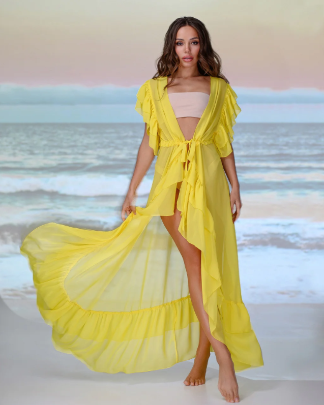 

Жіноча туніка la Visio пляжна довга з воланами жовта 002-082 (S-L(44-48))