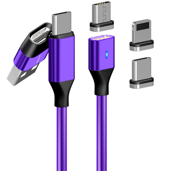 

Магнитный кабель для телефона с коннекторами micro usb, lightning, type-c 3 в 1 Magnetic Cable, фиолетовый нейлон