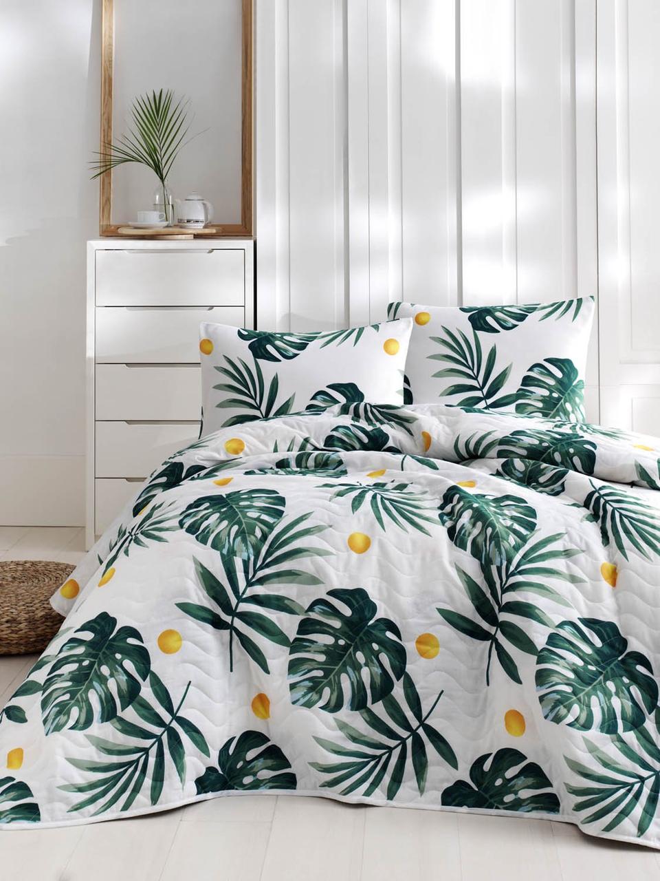 

Покрывало стеганное с наволочкой Eponj Home - Monstera yesil зелёный 160*220