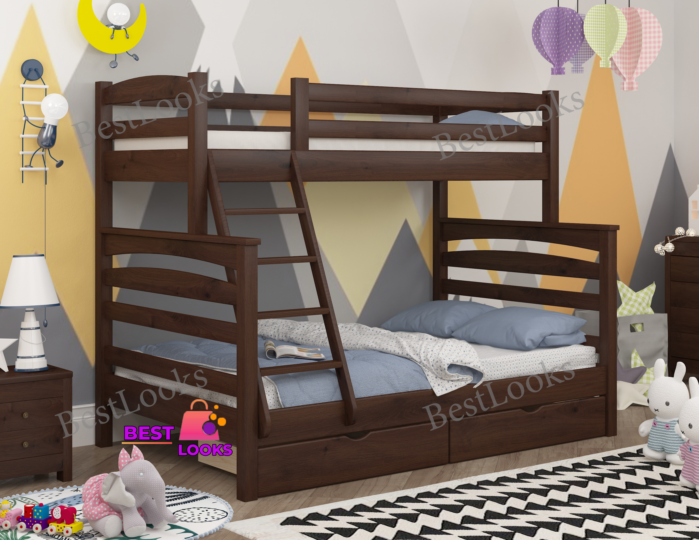 

Кровать Двухъярусная с Ящиками 80х120х190 Wellmebely Кай Трансформер сосна Орех Темный Л6