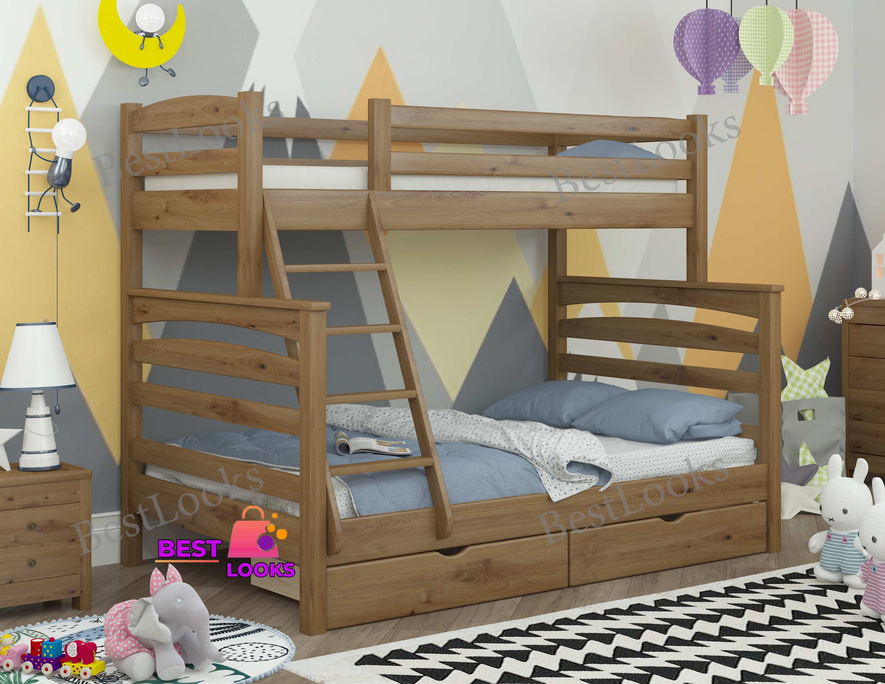 

Кровать Двухъярусная с Ящиками 80х120х200 Wellmebely Кай Трансформер сосна Орех Светлый Л6
